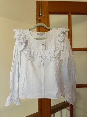 NWT LOFT White Eyelet Ruffle Long-Sleeve Blouse, Size Medium